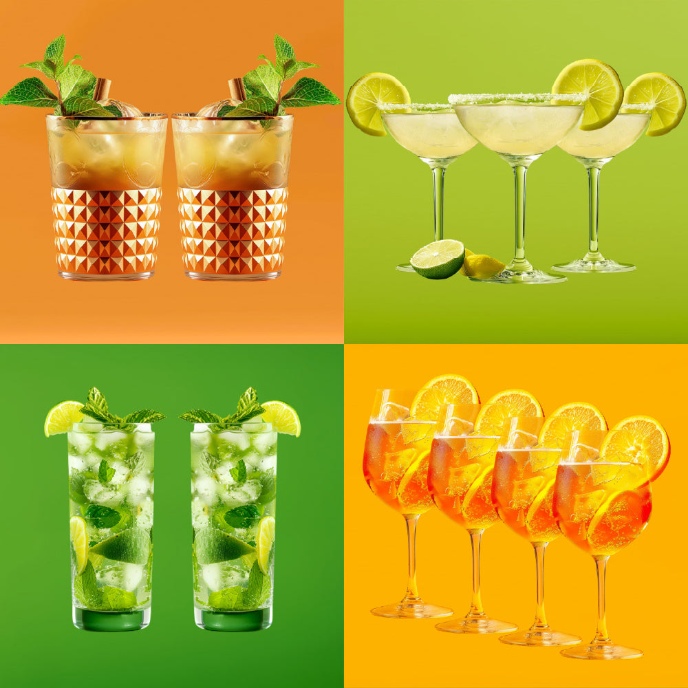 Your ultimate set for sun-soaked sips and unforgettable moments. This vibrant selection has four classic cocktails crafted to bring the perfect summer vibes.