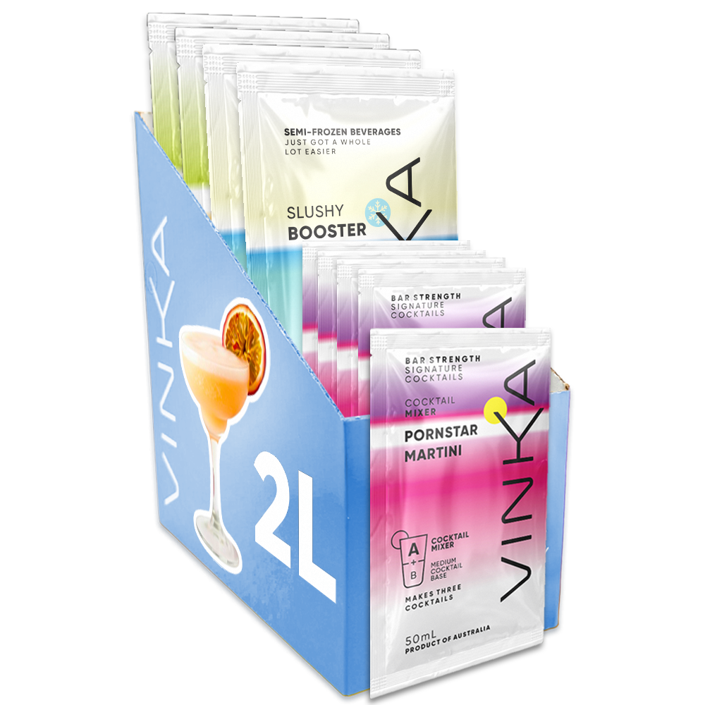 Display of Vinka cocktail mix packets with colorful packaging on a white background