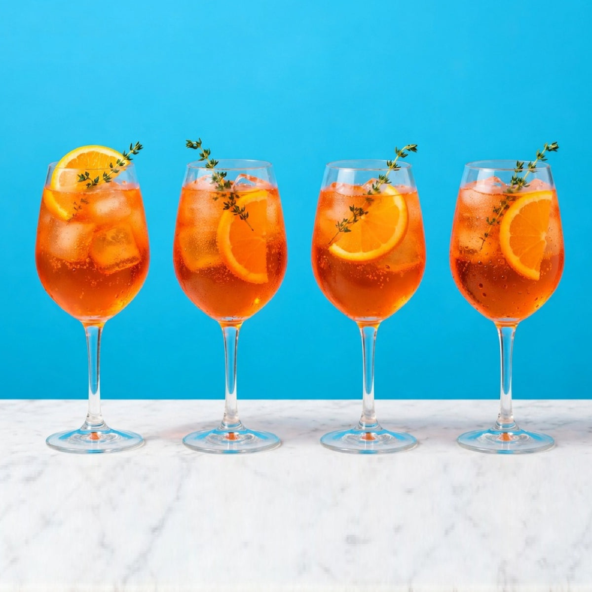 Four Aperitivo Spritz Cocktails in Wine Glasses, made possible by VINKA Aperitivo Spritz.