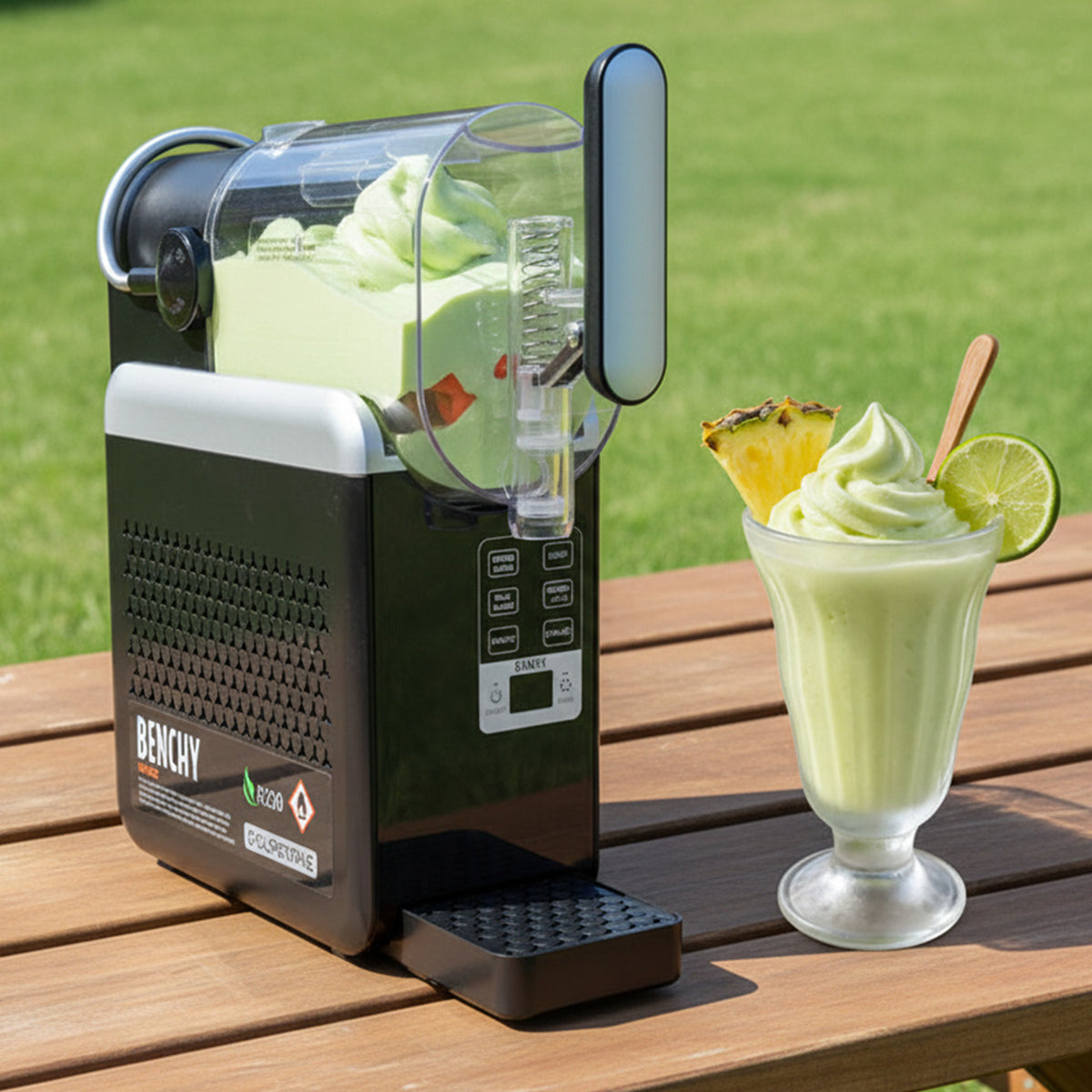 A countertop Benchy Slushy Machine with a clear container filled with Frozen Skinny Hard Creamy Pine Lime VINKA Slushy Kit (2L) sits on a wooden table outdoors, with a matching pale green beverage in a glass and garnish placed beside it. The background shows blurred green grass and trees.