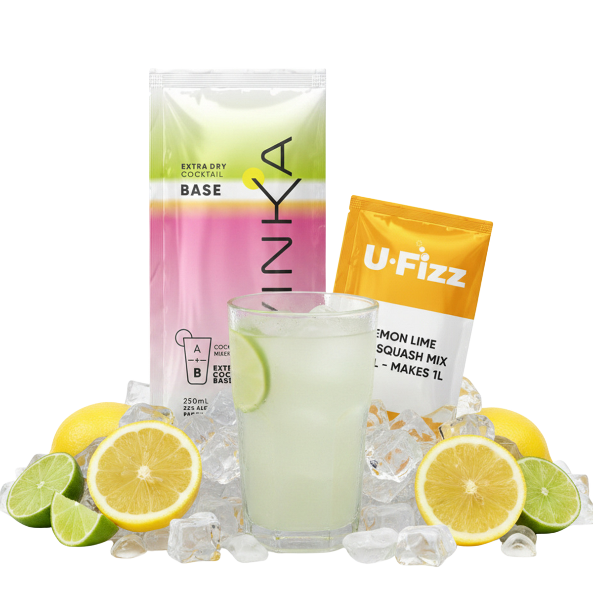 Cocktail mix package with a glass of lemon lime squash and citrus fruits on a white background