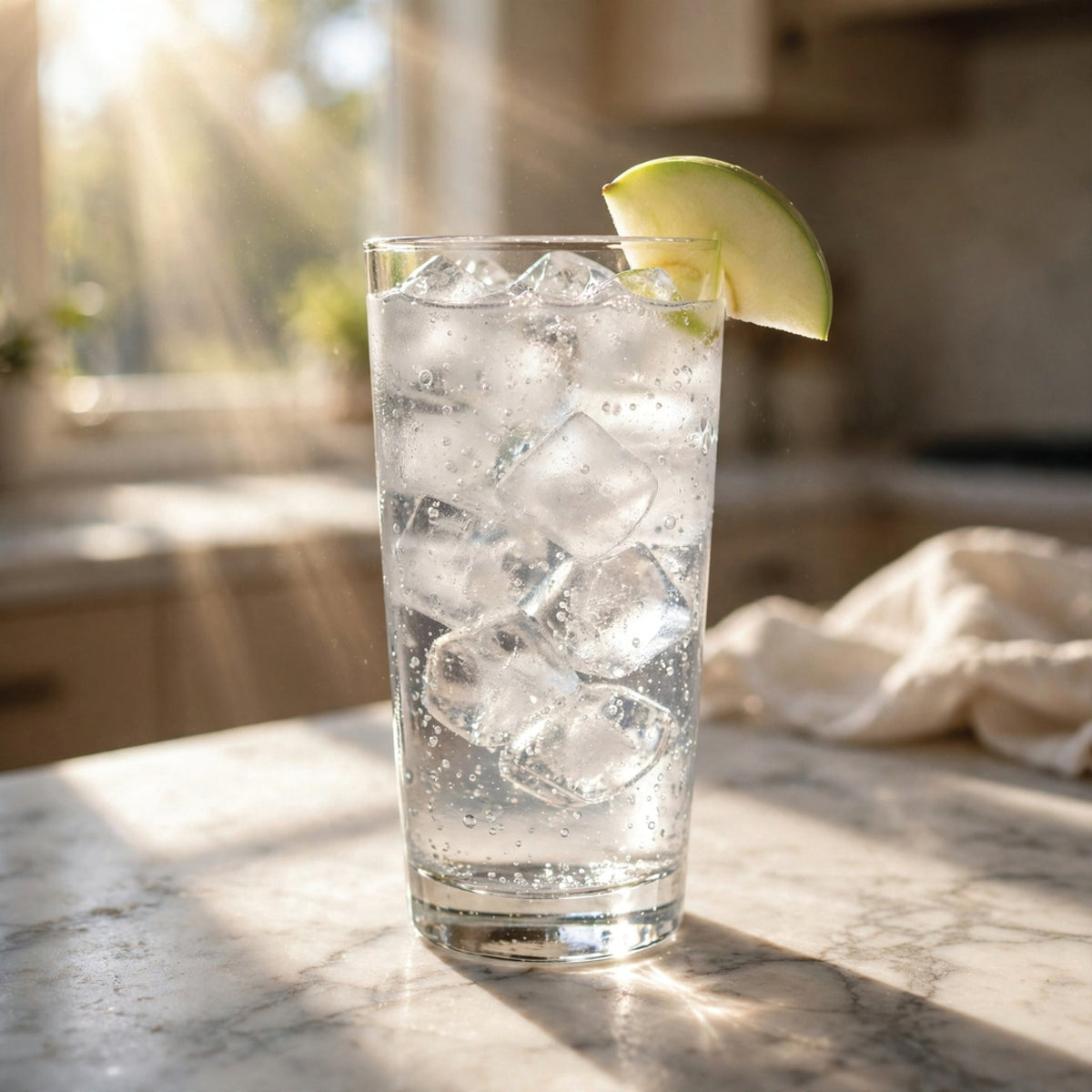 A clear highball glass filled with ice and carbonated liquid, garnished with a lime wedge, set on a marble countertop in a sunlit kitchen.