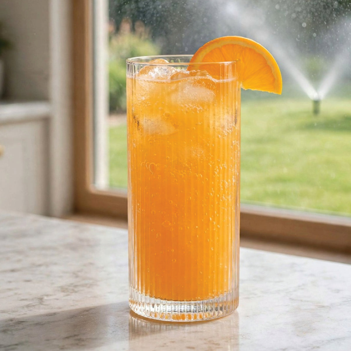 A tall, clear ribbed glass filled with an orange-colored beverage and ice, garnished with an orange slice, set on a marble countertop with a window and outdoor greenery in the background.