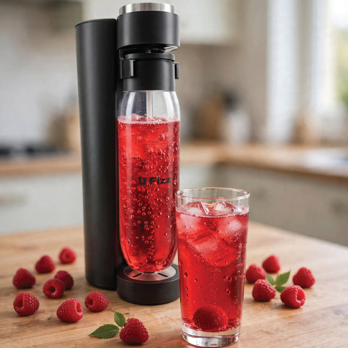 A black and clear U-Fizz carbonated water bottle with a matching black carbonator machine on a wooden countertop, shown next to a glass of sparkling red drink with ice and raspberries, with more raspberries scattered around.