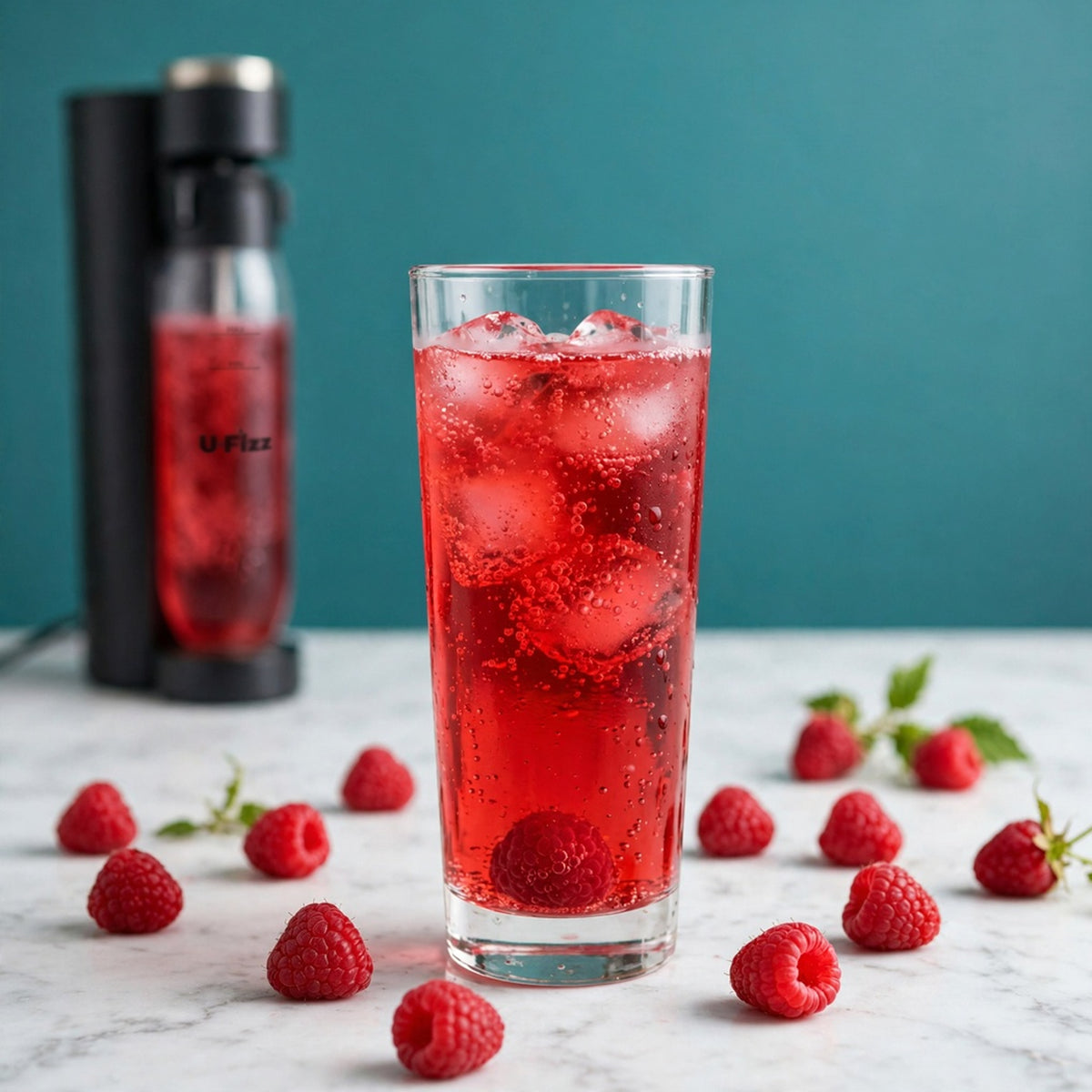 A tall clear glass filled with a bright red sparkling beverage and ice, set on a white marble surface with raspberries around it. A black U-Fizz carbonator is blurred in the background against a teal wall.