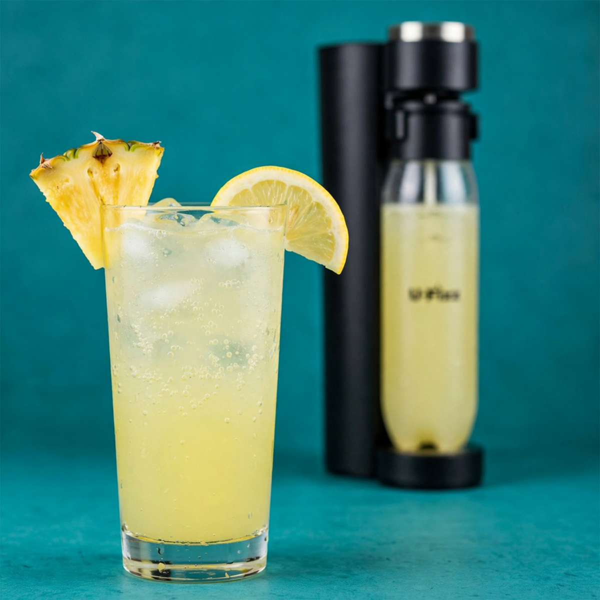 A Glass of Lemon Pineapple Pub Squash in a glass garnished with a pineapple wedge and lemon wedge. A U-Fizz machine in the background filled with said mix.