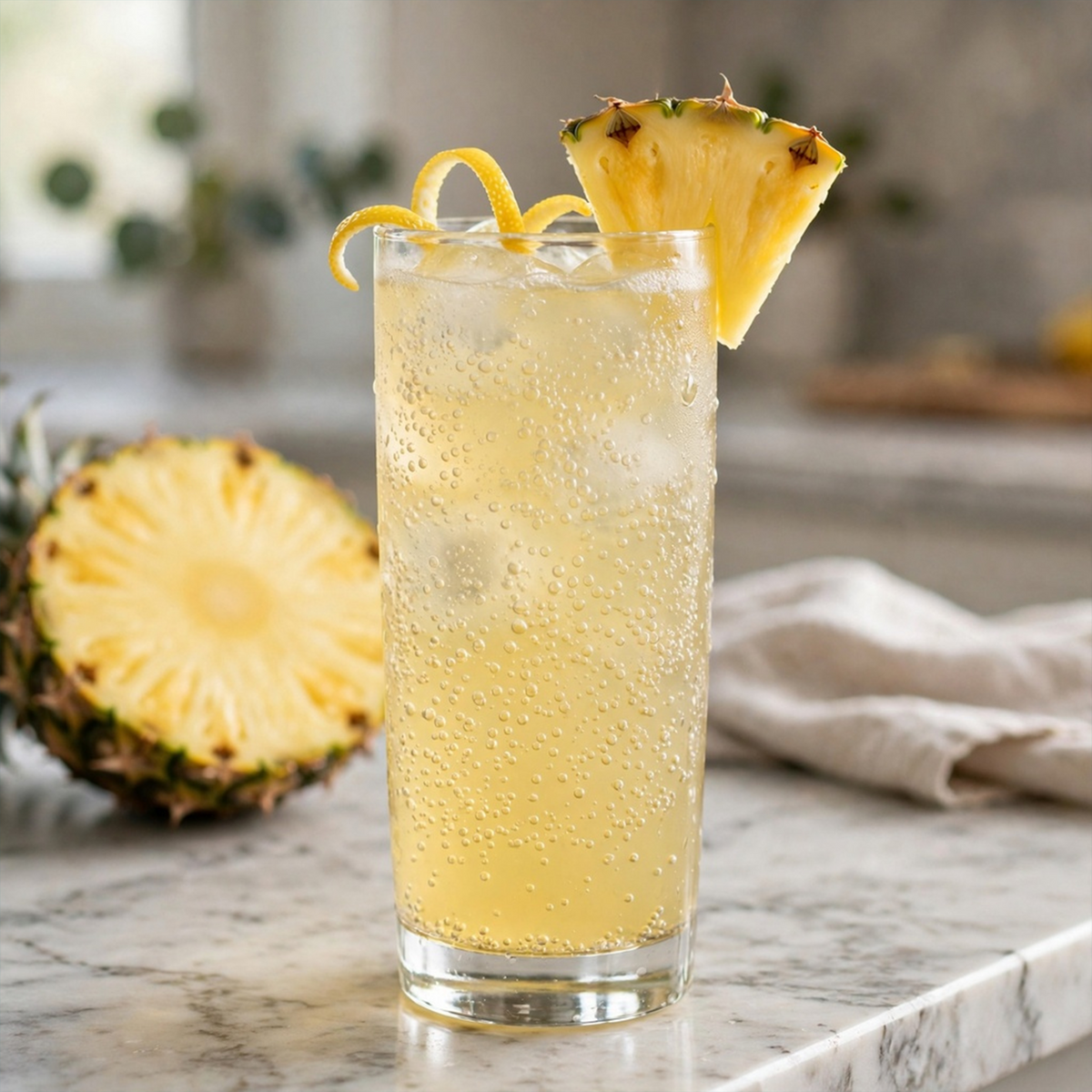 Extra sparkling Lemon Pineapple U-Fizz in a glass, garnished with a lemon twist and pineapple wedge on a marble kitchen benchtop.