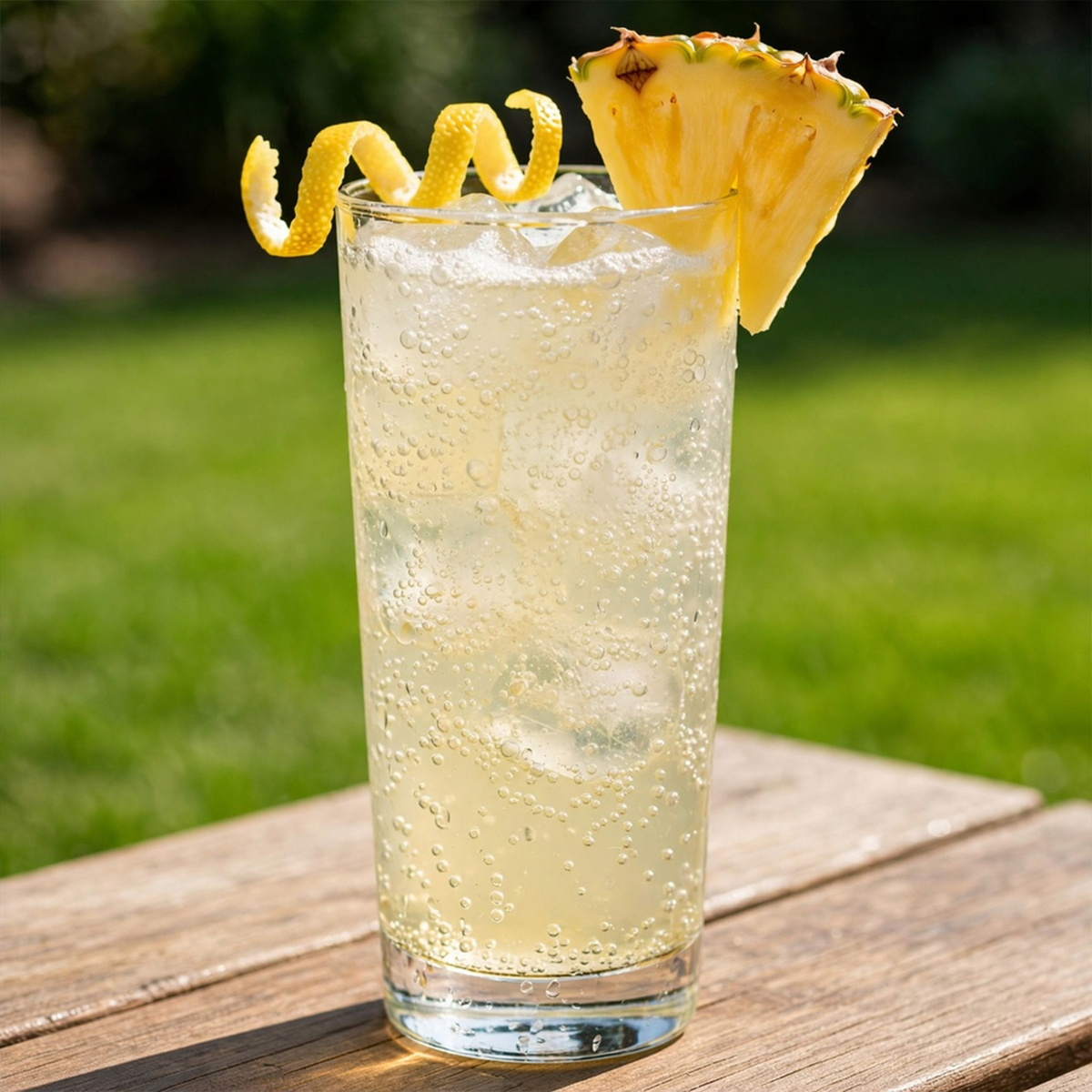 Extra sparkling Lemon Pineapple U-Fizz in a glass, garnished with a lemon twist and pineapple wedge on a wooden table outdoors.
