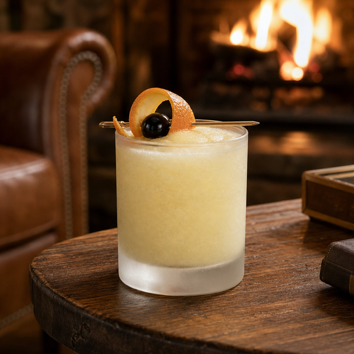A frosted tumbler glass filled with a pale yellow frozen cocktail drink, garnished with a curled orange peel and a dark blueberry, set on a rustic wooden table with a warm fireplace and leather chair in the background.