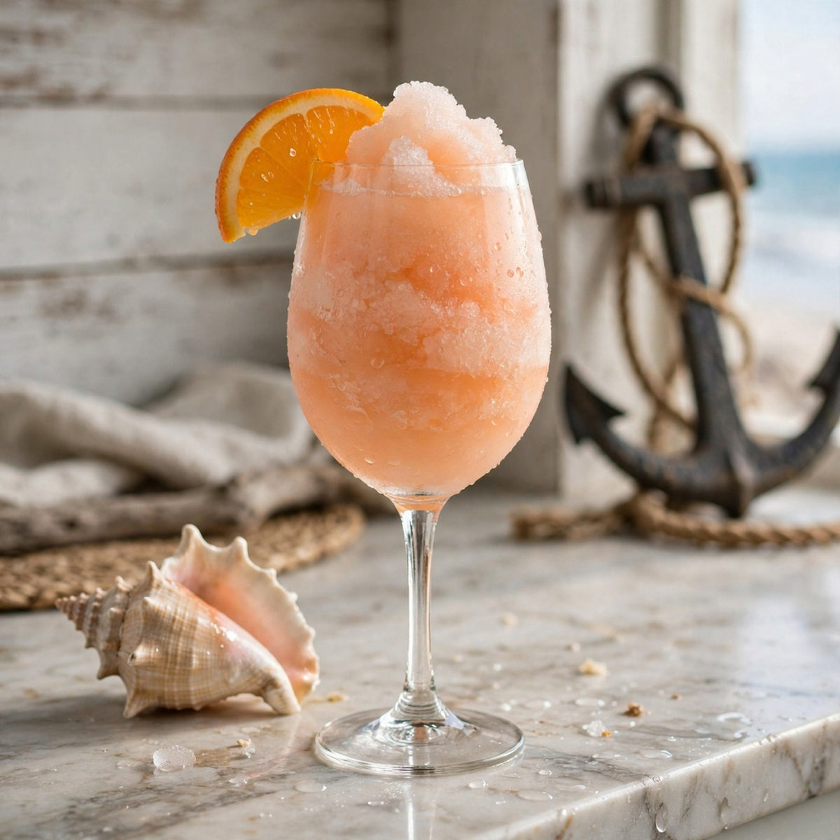 A pink-orange frozen drink in a stemmed glass with a citrus wedge garnish, styled on a marble surface with a seashell, rope, and anchor against a rustic white wood background.