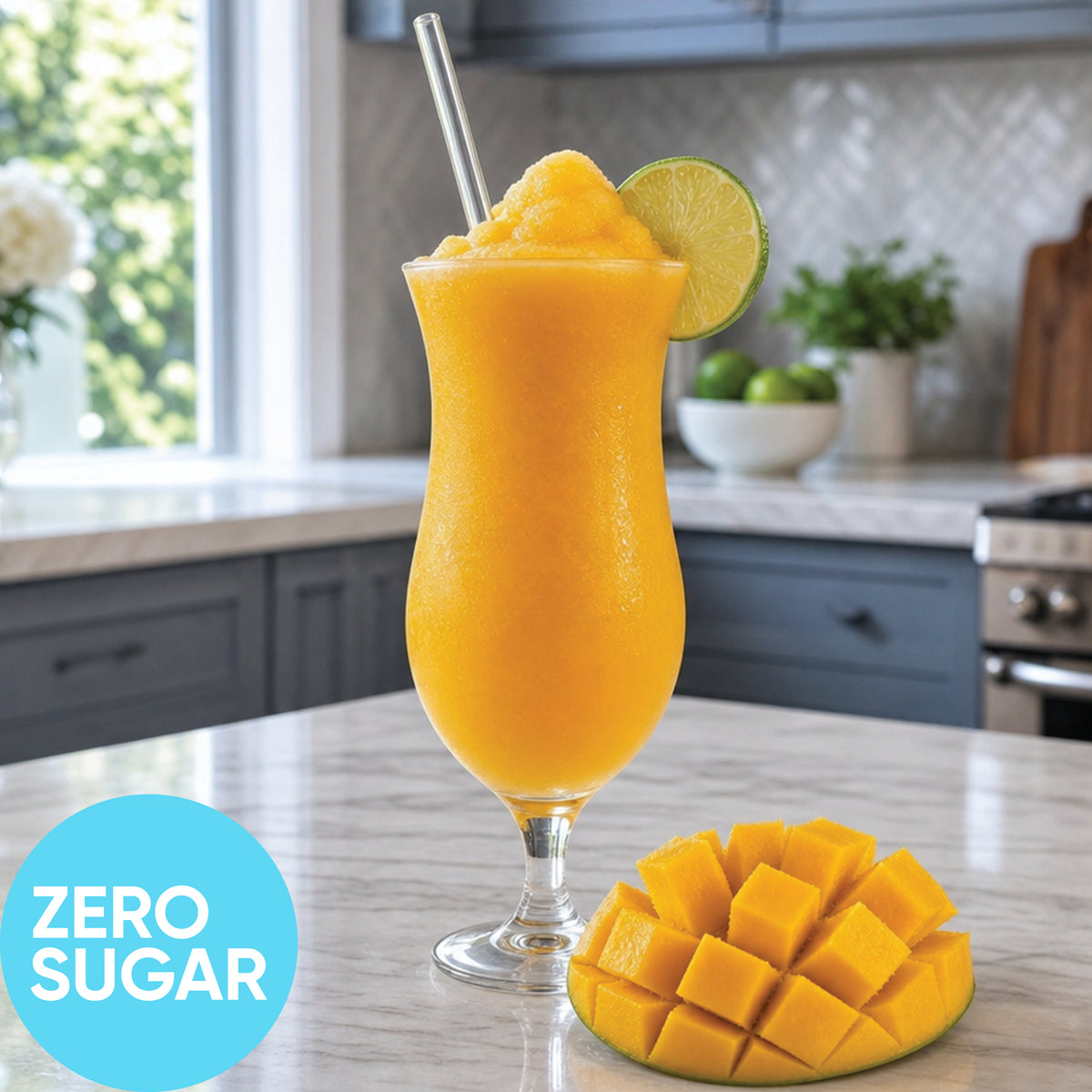 A tall glass of Frozen Zero Sugar Mango Daiquiri VINKA Slushy Cocktail Kit (2L) with a lime wedge garnish and a straw, set on a kitchen counter next to a sliced mango. A blue circle in the lower left says 'ZERO SUGAR'.