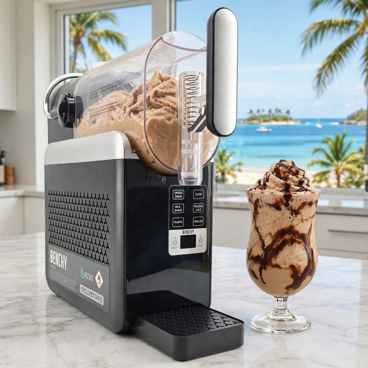 A Berchty commercial slushy machine in black and silver, shown dispensing chocolate ice cream into a tall glass on a marble countertop with a beach background visible through the window.