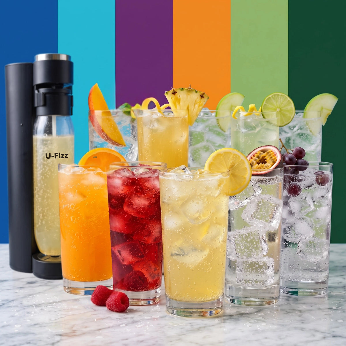 A set of six tall glasses filled with Alcoholic carbonated beverages and a black U-Fizz carbonation bottle, arranged on a marble surface against a colorful vertical stripe background.