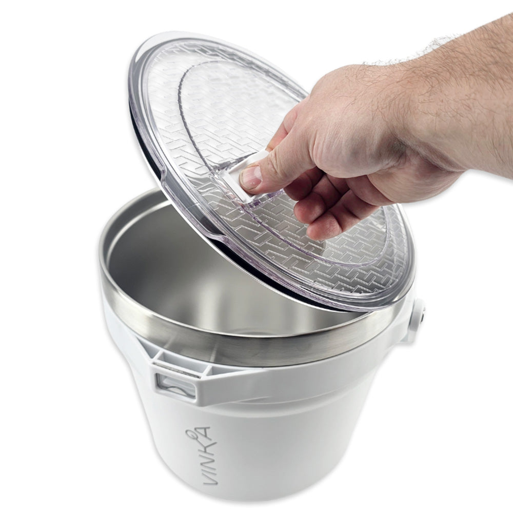 This durable beverage ice bucket is part of the ultra premium VINKA cocktail mixing setup. It is 100% Food Safe and will keep your Ice and beverages cold for hours upon hours.