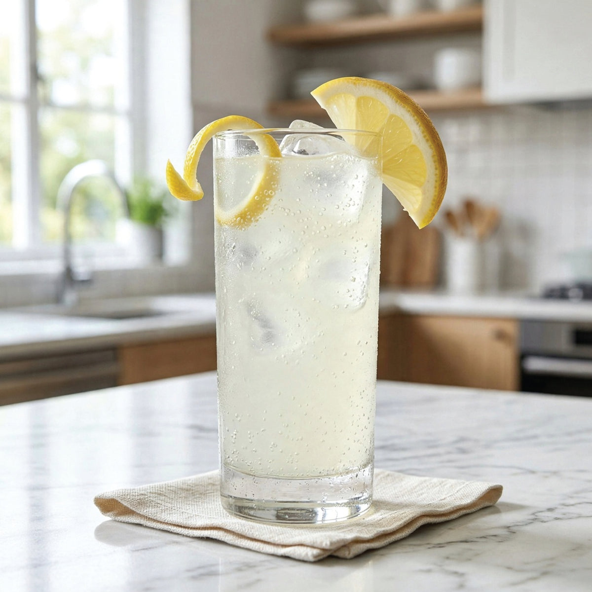 A tall clear glass filled with a pale yellow iced drink and ice cubes, garnished with two lemon wheel slices, sitting on a folded beige cloth on a marble countertop with a blurred kitchen in the background.