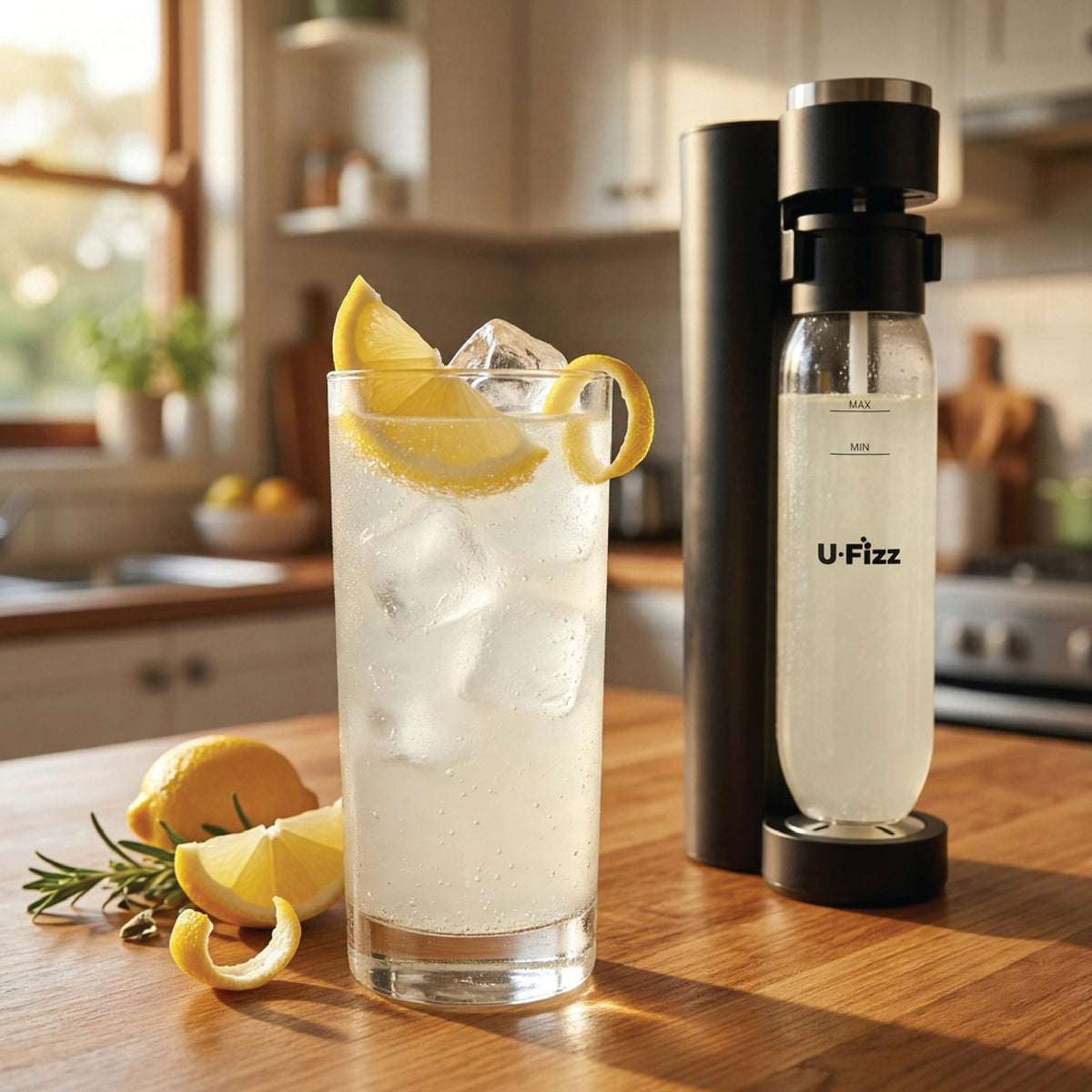 A U-Fizz carbonation bottle on a wooden kitchen counter next to a tall glass of iced lemonade with ice and lemon garnish.