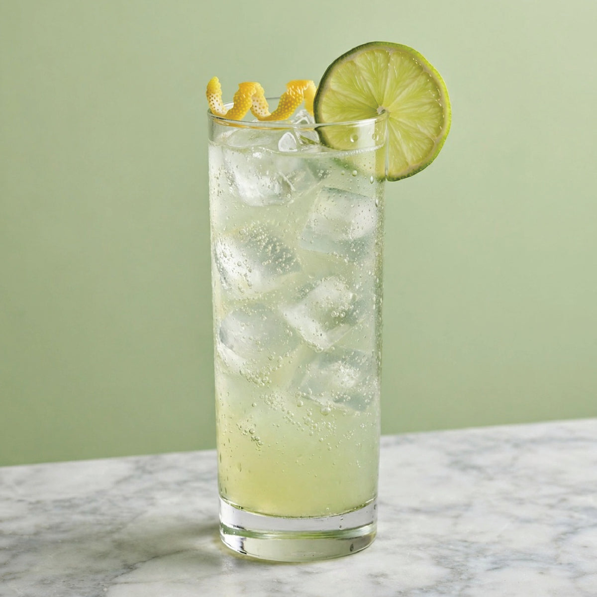 A tall clear glass filled with a pale yellow-green iced drink, ice cubes, and garnished with a lime wheel and curled lemon zest, set on a marble surface against a light green background.