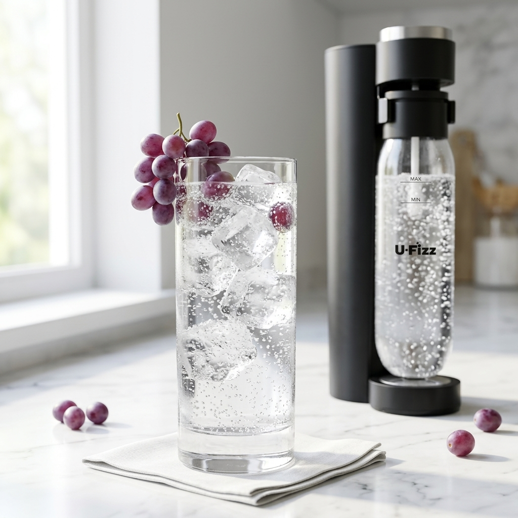A U-Fizz carbonated drink bottle on a black base stands beside a tall glass of sparkling water with ice and purple grapes, set on a white marble surface near a window.