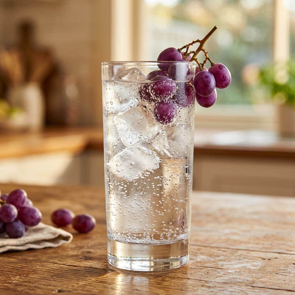 A clear highball glass filled with a carbonated drink and large ice cubes, garnished with a cluster of purple grapes on a wooden table in a softly blurred kitchen setting.