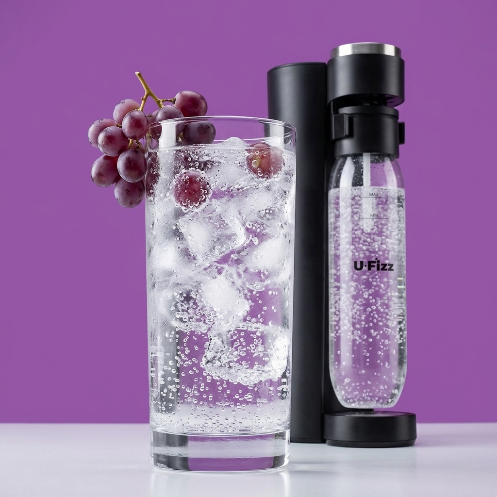 A U-Fizz carbonated water bottle on a black charging stand next to a tall glass of sparkling water with ice and grapes, set against a solid purple background.