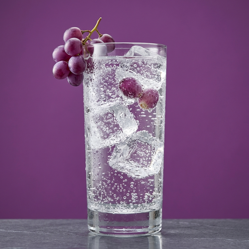 A clear highball glass filled with a carbonated drink, ice cubes, and purple grapes, set against a solid purple background.