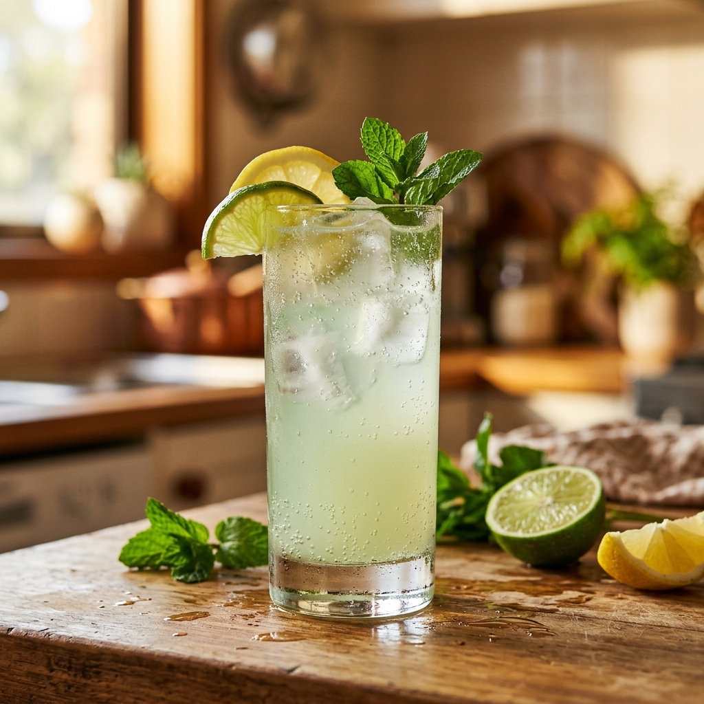 A tall clear glass filled with a pale yellow-green iced drink, garnished with mint leaves, lime slices, and a lemon wheel, set on a rustic wooden table in a warm kitchen setting.