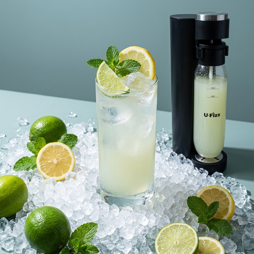 A U-Fizz carbonator machine stands beside a tall glass of pale yellow iced drink garnished with lime slices and mint, set on crushed ice with limes and mint around it.
