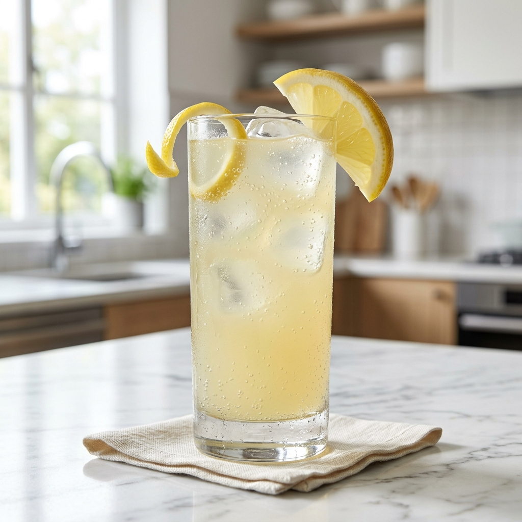 A tall clear glass filled with a pale yellow iced drink and ice cubes, garnished with two lemon wheel slices, sitting on a folded beige cloth on a marble countertop with a blurred kitchen in the background.