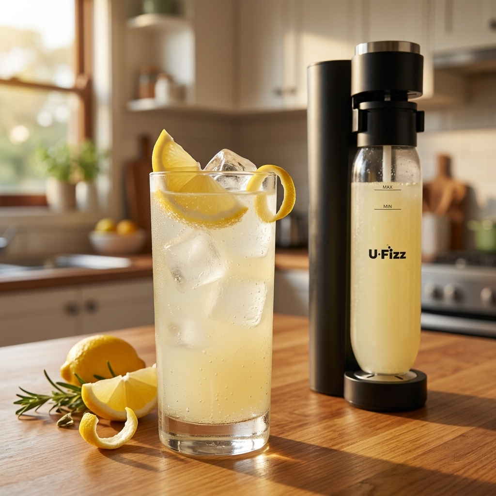 A U-Fizz carbonated drink bottle and dispenser stand on a wooden kitchen counter next to a tall glass of iced lemonade with lemon slices. The background shows a softly blurred kitchen interior with warm sunlight.
