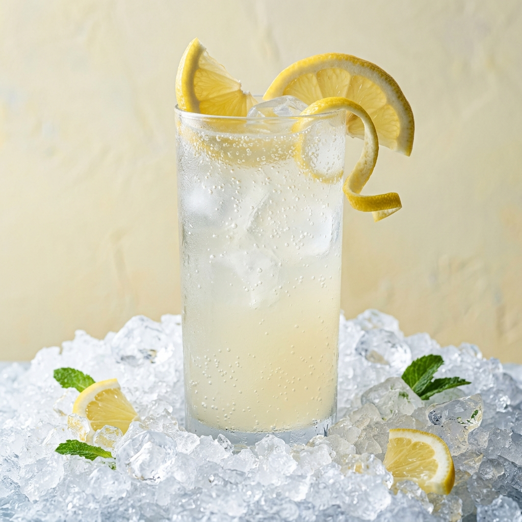 A tall clear glass filled with a pale yellow iced beverage and ice cubes, garnished with lemon slices and a curled lemon peel, set on a bed of crushed ice with lemon and mint accents against a soft beige background.