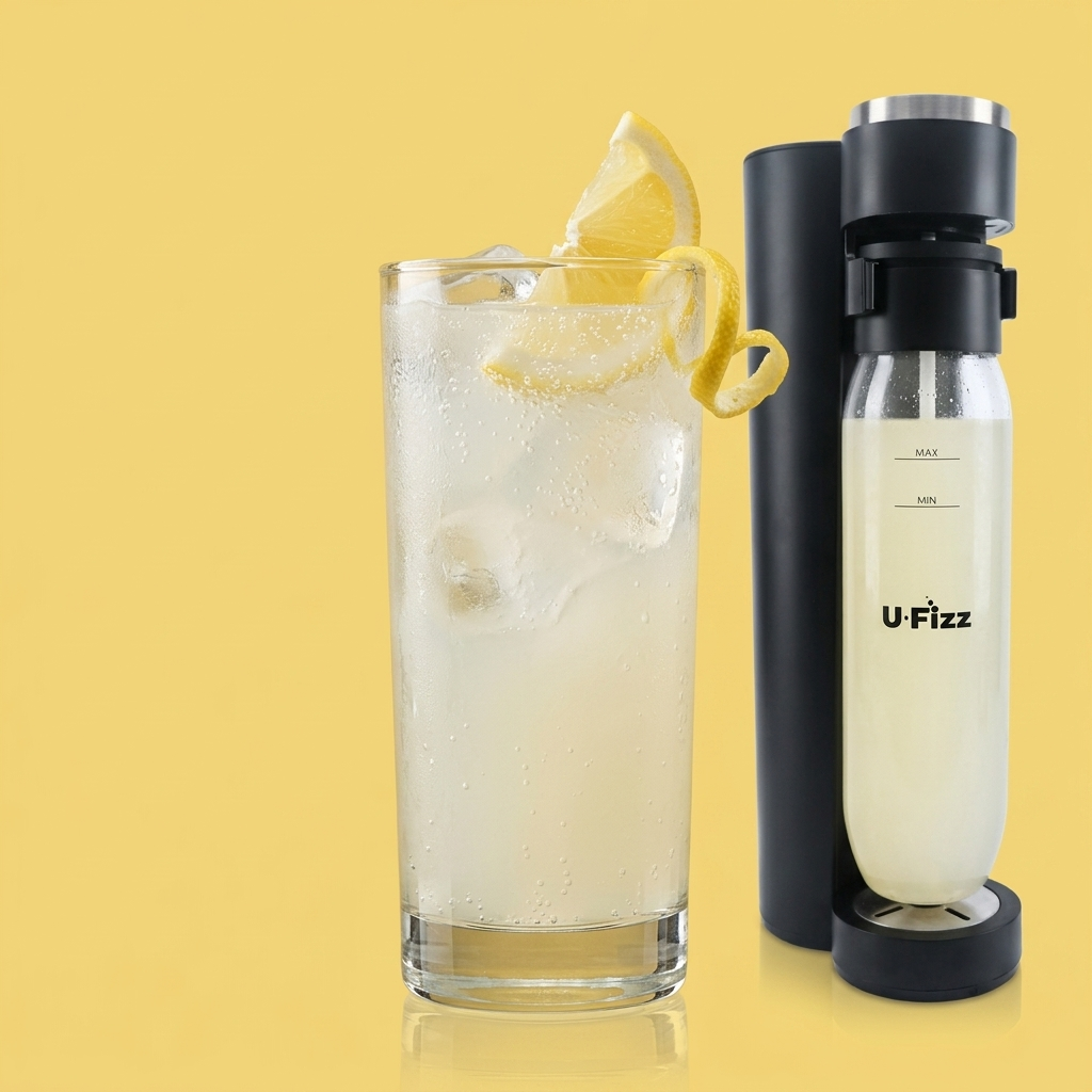 A U-Fizz carbonator machine in black and clear plastic stands next to a tall glass of lemonade with ice and a lemon wheel garnish, set against a solid yellow background.