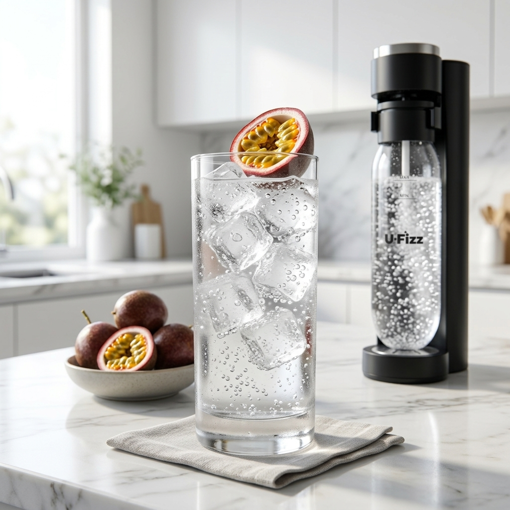 A clear glass tall drinkware filled with ice and carbonated water sits on a marble kitchen counter beside a black U-Fizz carbonation device. A bowl of whole and sliced passion fruit rests nearby, with a softly blurred modern kitchen in the background.