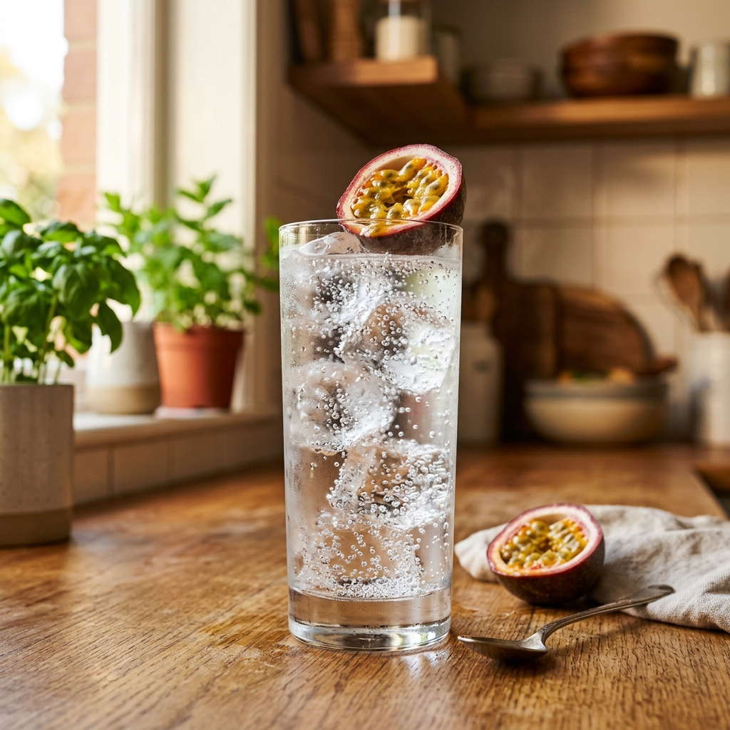 A tall clear glass filled with a clear bubbly drink and ice cubes, garnished with a halved passion fruit on a wooden table in a kitchen setting, with another halved passion fruit and a spoon nearby.