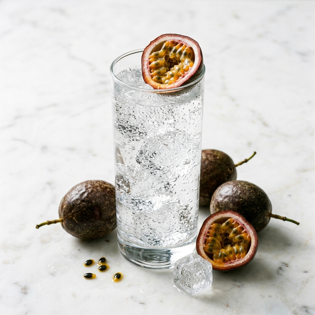 A clear glass filled with a bubbly clear drink and ice, garnished with a halved passion fruit on top, surrounded by whole and halved passion fruits on a light marble surface.