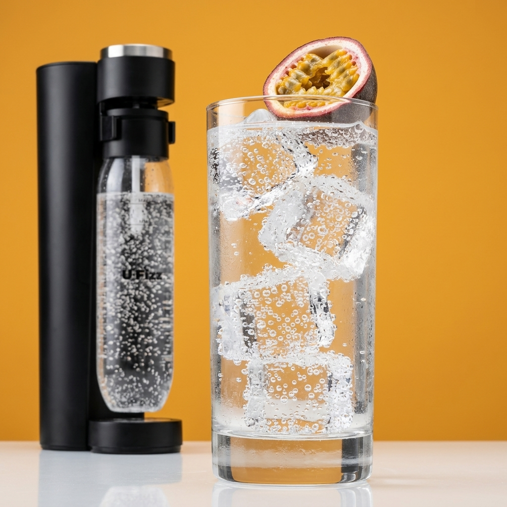 A carbonated water soda maker machine in matte black stands next to a tall glass of clear sparkling water with ice cubes and a halved passion fruit garnish, set against a solid orange background.