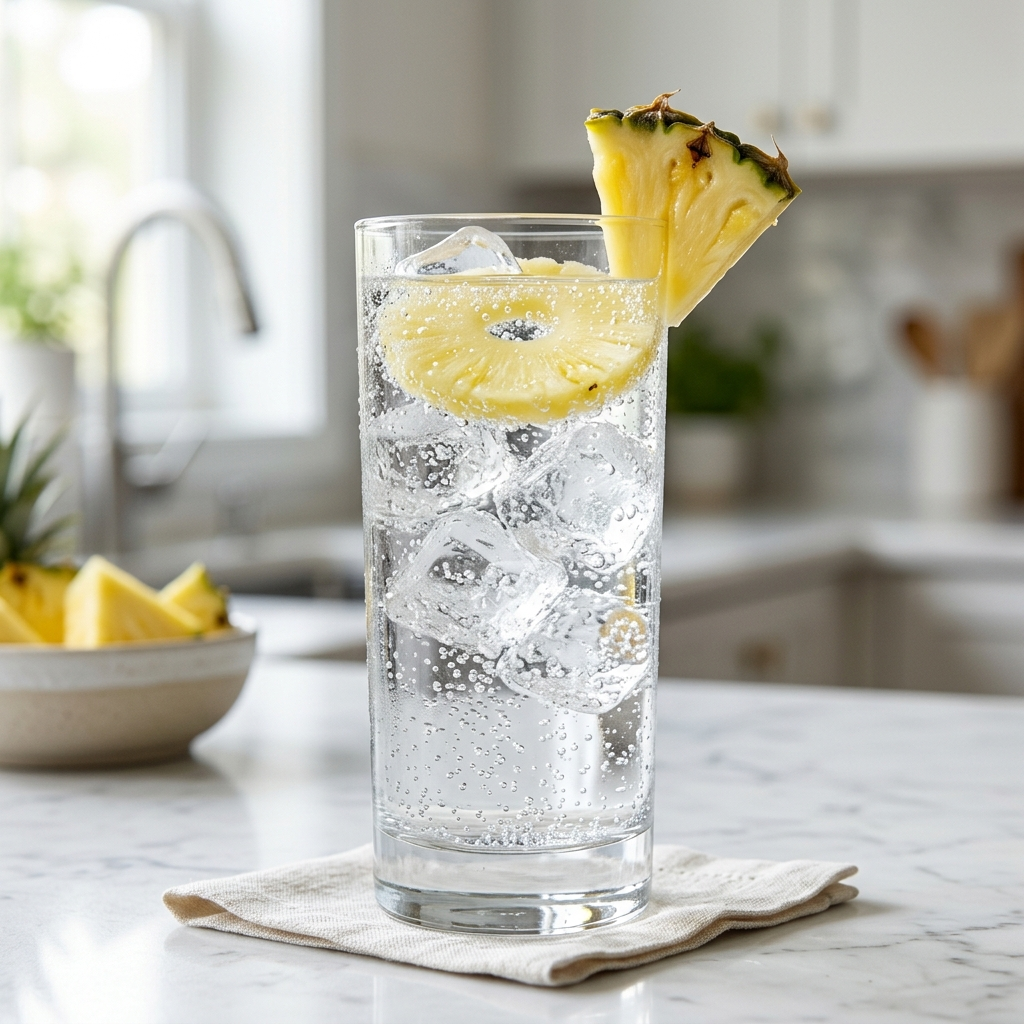 A tall glass of sparkling water with ice and a pineapple wedge garnish, on a marble kitchen counter beside a bowl of pineapple chunks.