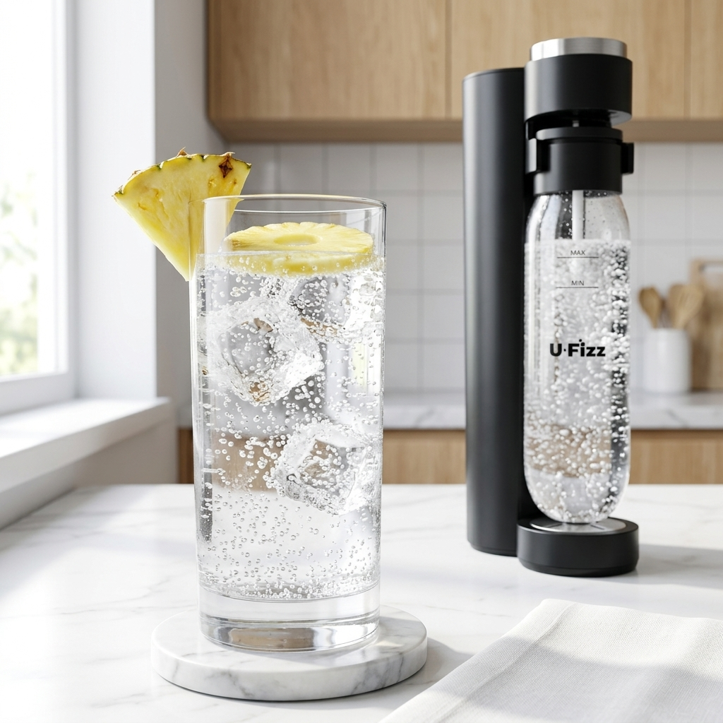 A tall glass of sparkling water with ice and a pineapple wedge garnish, next to a black U-Fizz carbonator bottle, on a white marble kitchen counter near a window.