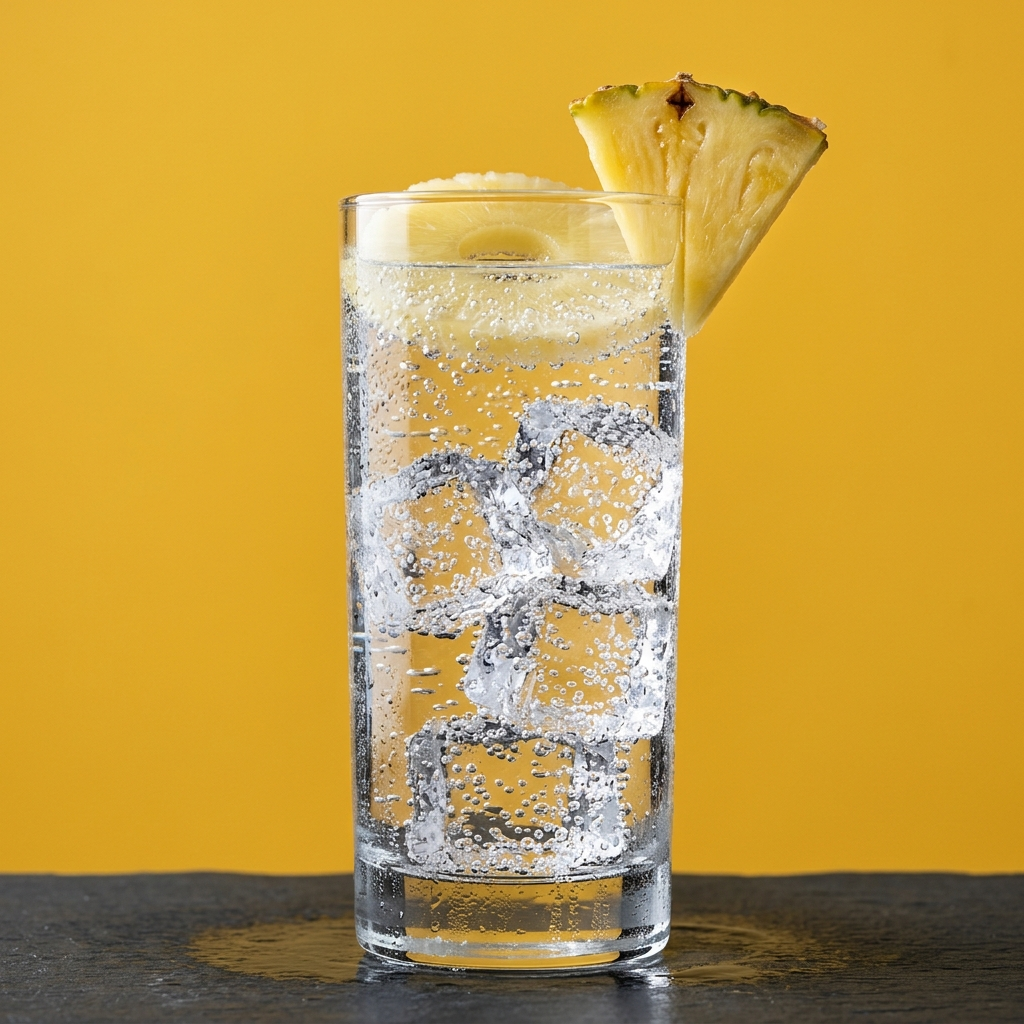 A clear highball glass filled with a carbonated clear drink and large ice cubes, garnished with a pineapple wedge on a yellow background.