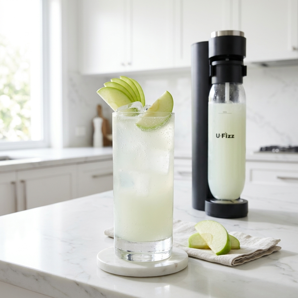 A tall glass of pale green iced drink with lime slices on a marble coaster, next to a black U Fizz carbonator bottle on a white marble kitchen countertop.