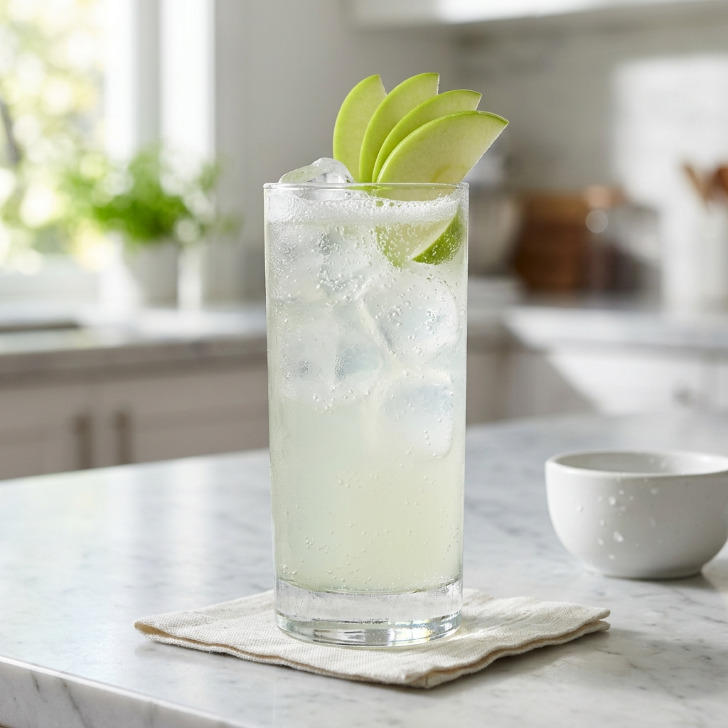 A tall clear glass filled with a pale yellow iced drink, ice cubes, and green apple slices on a marble countertop in a softly blurred kitchen setting.