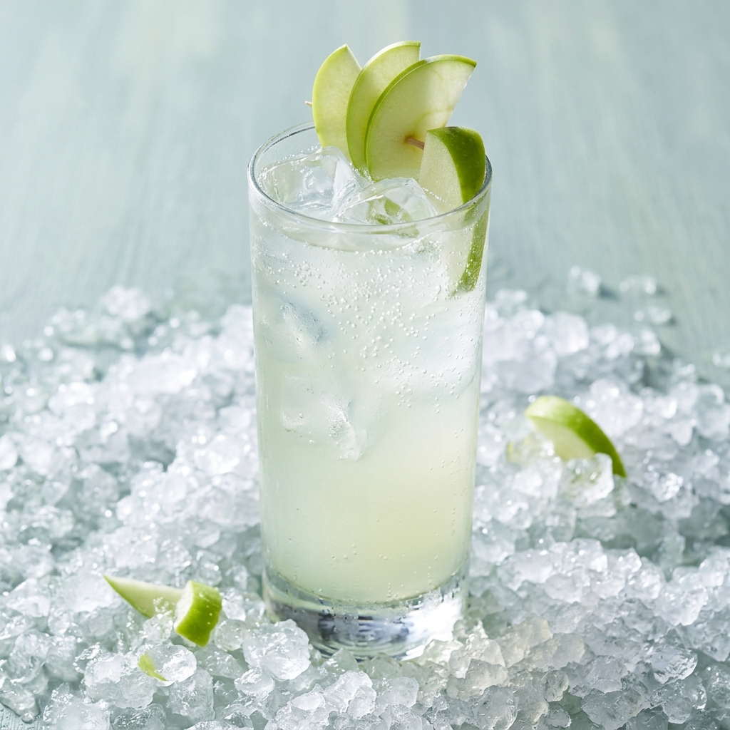A tall clear glass filled with a pale yellow-green iced beverage, topped with apple slices, set on crushed ice against a pale blue-green background.