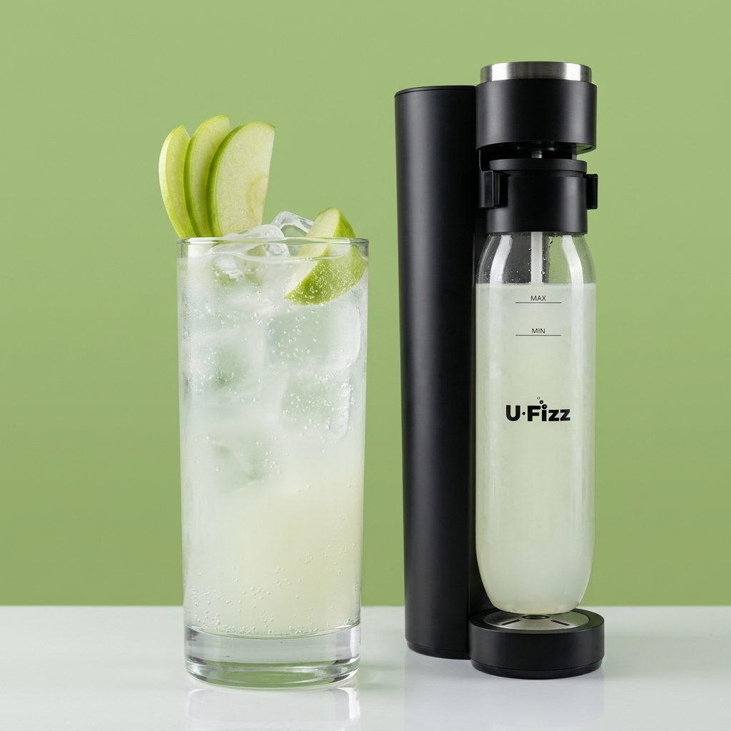 A U-Fizz carbonated drink maker in black and clear glass stands next to a tall glass of iced limeade with apple slices on a light green background.