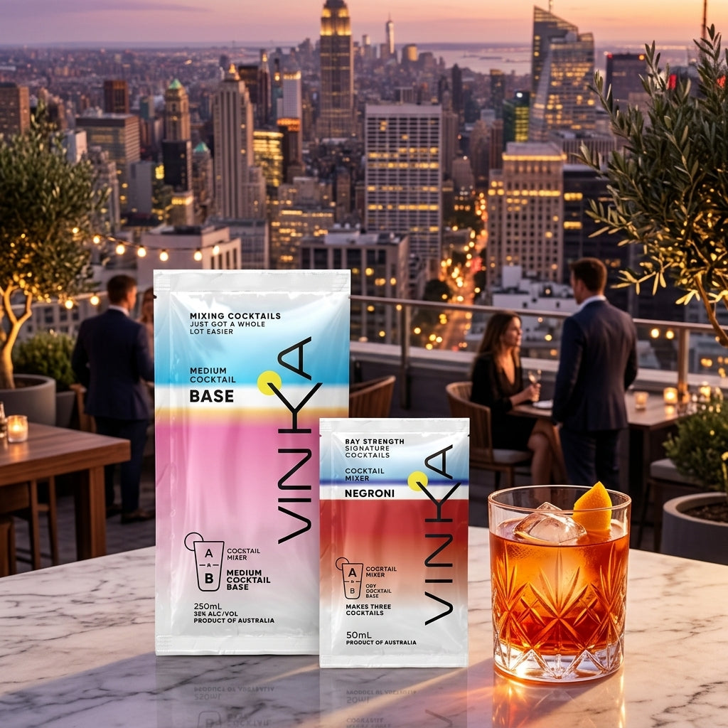Two VINKA cocktail powder packets, one labeled 'BASE' and the other 'NEGRONI', displayed on a marble table in front of a rooftop bar scene with a cocktail glass on a city skyline at sunset.